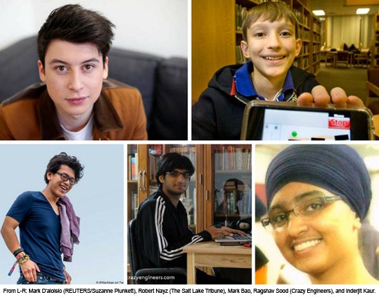 From L-R: Mark D'aloisio (REUTERS/Suzanne Plunkett), Robert Nayz (The Salt Lake Tribune), Mark Bao, Ragshav Sood (Crazy Engineers), and Inderjit Kaur.